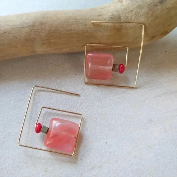 Square Threader Earrings Gold Pink - Picture 3 of 11